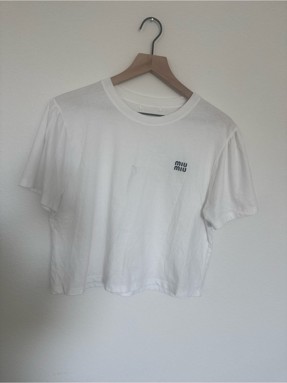 Miu Miu White Cotton Logo T-Shirt – Embroidered Miu Miu Tee – Designer